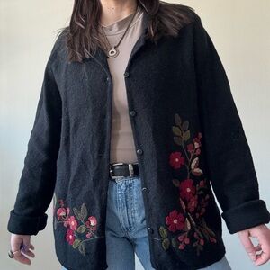 Dressbarn Black Wool Cardigan with Red Floral Design